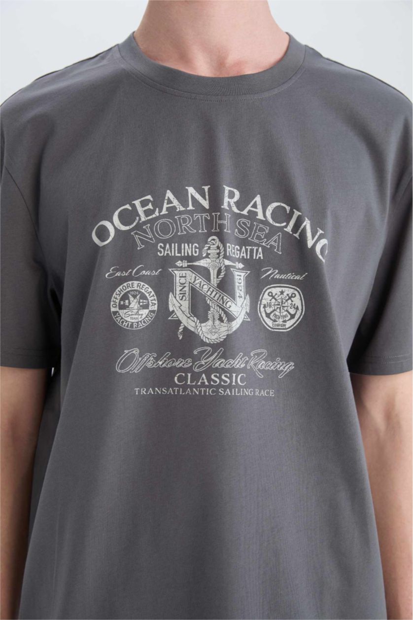 رجالي رمادي تيشيرت قطن قصة عادية برقبة مستديرة