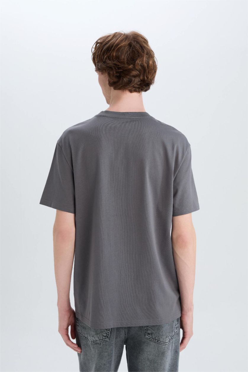 رجالي رمادي تيشيرت قطن قصة عادية برقبة مستديرة