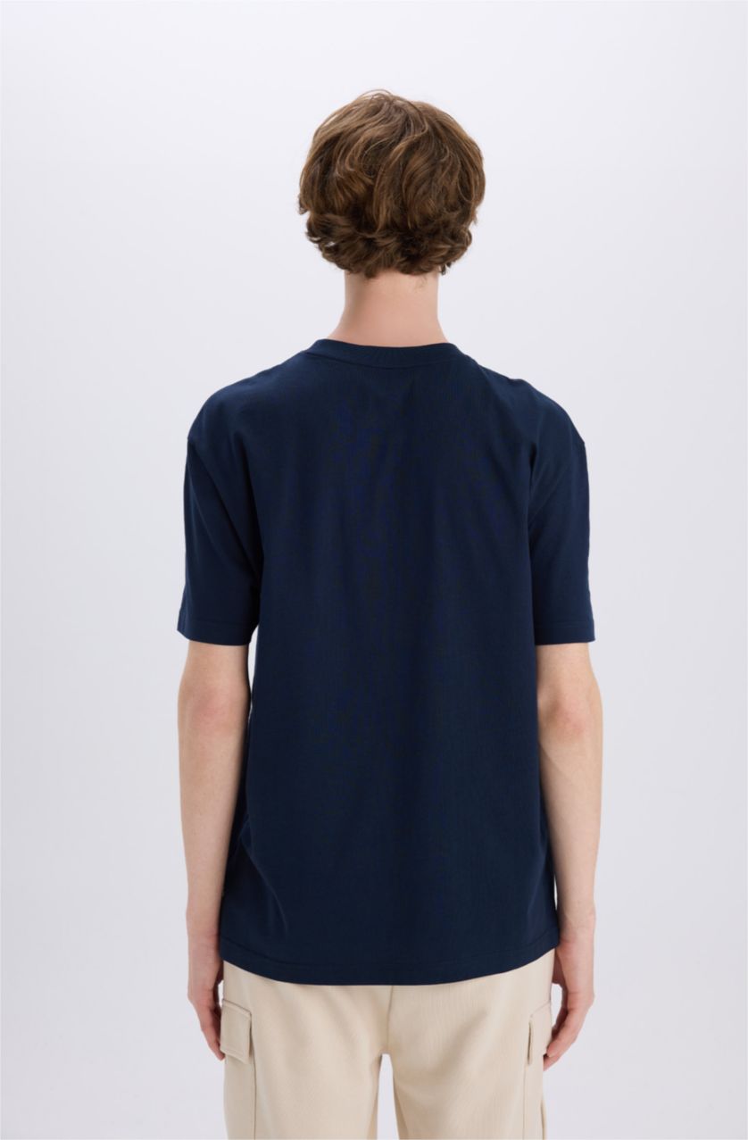 Erkek Lacivert %100 Pamuk Regular Fit Bisiklet Yaka Baskılı Kısa Kollu Tişört
