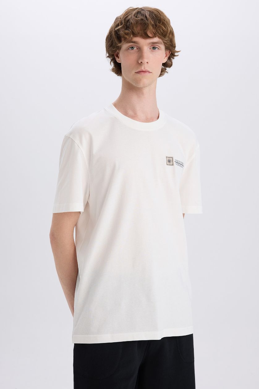 رجالي اوف وايت تيشيرت قطن قصة عادية مطبوع برقبة مستديرة