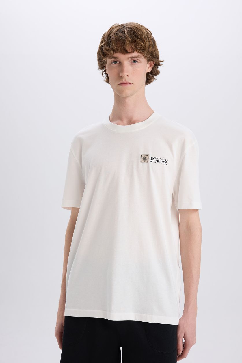 رجالي اوف وايت تيشيرت قطن قصة عادية مطبوع برقبة مستديرة