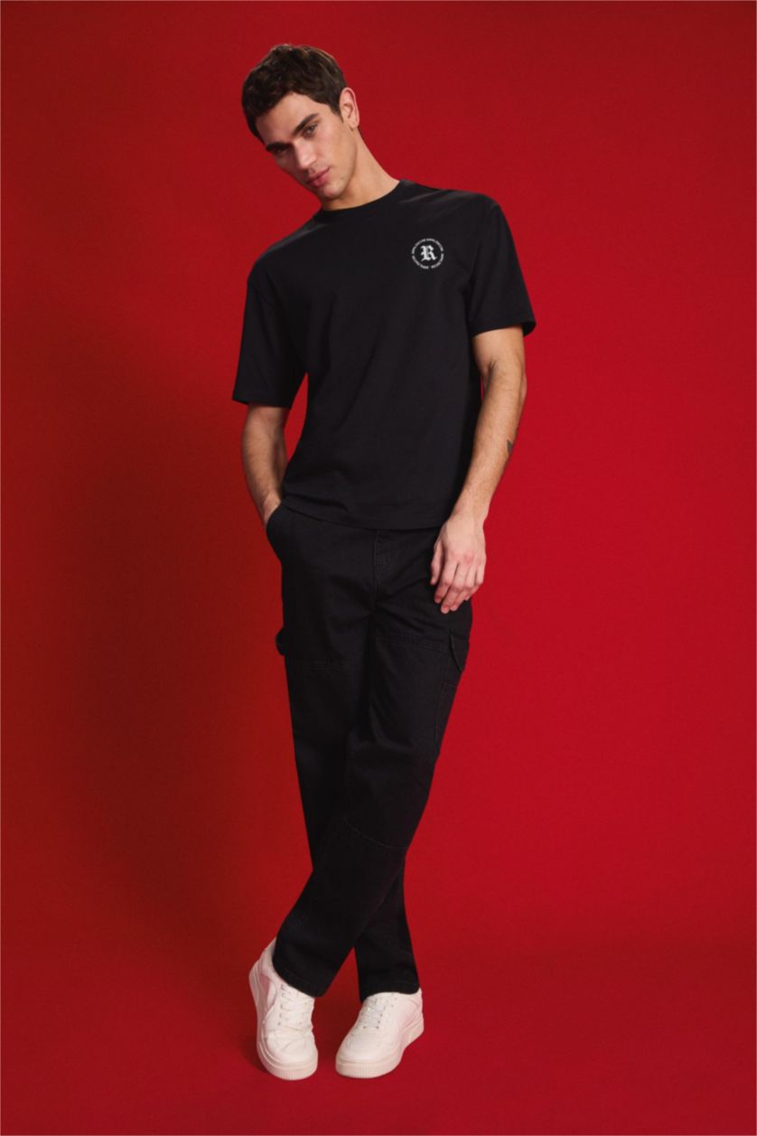 Erkek Siyah %100 Pamuk Relax Fit Rahat Kalıp Normal Bel Geniş Paça Kargo Cepli Siyah Jean Pantolon