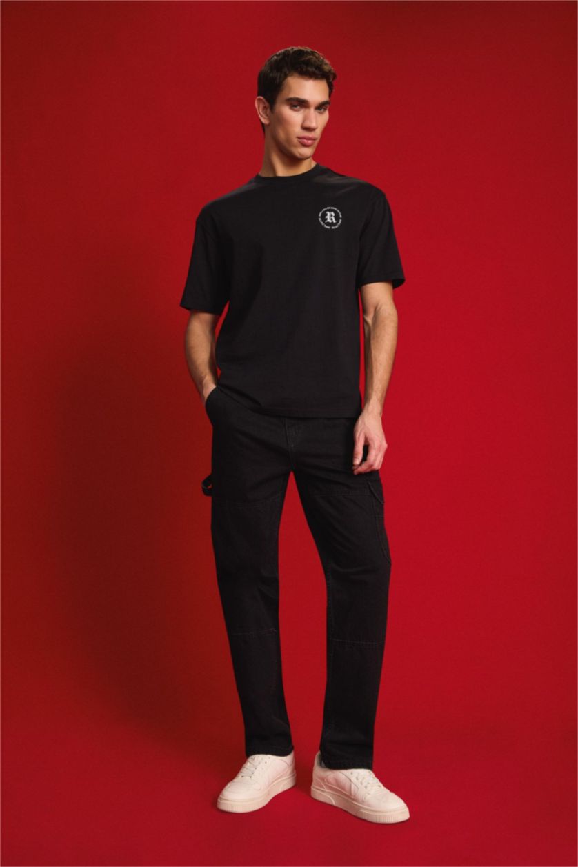 Erkek Siyah %100 Pamuk Relax Fit Rahat Kalıp Normal Bel Geniş Paça Kargo Cepli Siyah Jean Pantolon