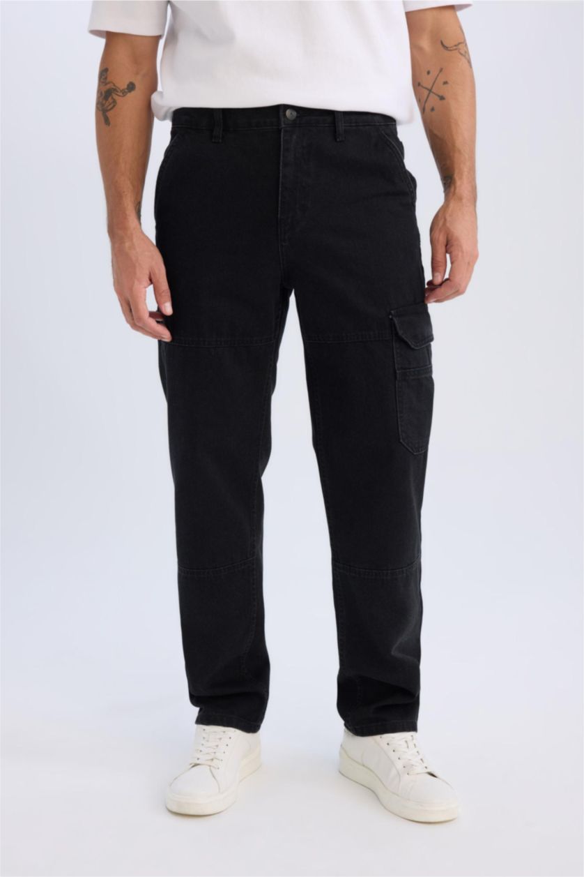 Erkek Siyah %100 Pamuk Relax Fit Rahat Kalıp Normal Bel Geniş Paça Kargo Cepli Siyah Jean Pantolon
