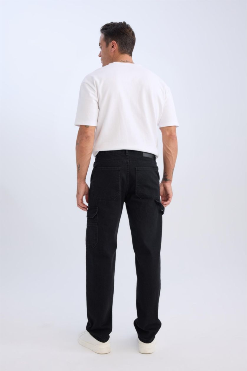 Erkek Siyah %100 Pamuk Relax Fit Rahat Kalıp Normal Bel Geniş Paça Kargo Cepli Siyah Jean Pantolon