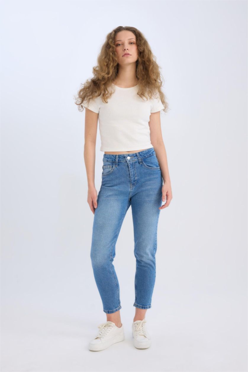 Kadın Mavi Yüksek Bel Comfort Mom Pantolon