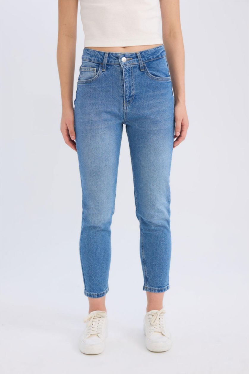 Kadın Mavi Yüksek Bel Comfort Mom Pantolon