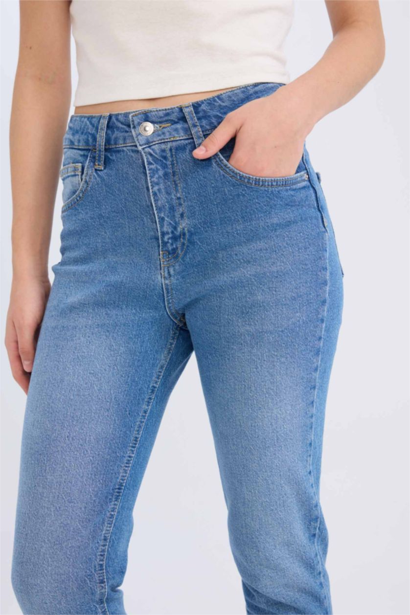 Kadın Mavi Yüksek Bel Comfort Mom Pantolon