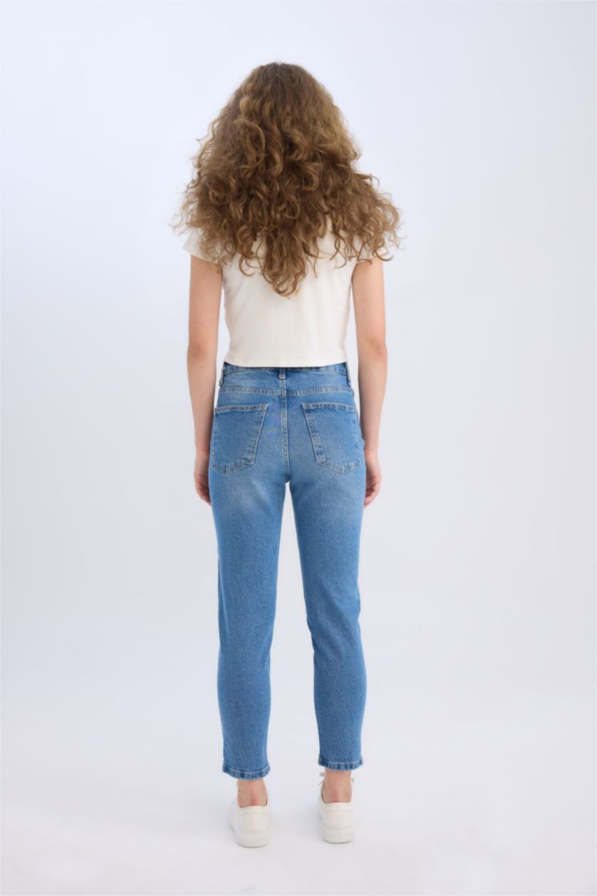 Kadın Mavi Yüksek Bel Comfort Mom Pantolon