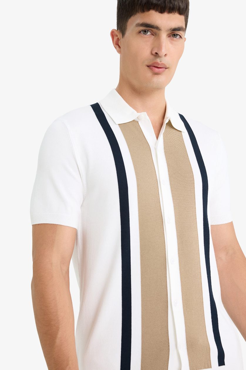 Erkek Ekru Standart Fit Polo Yaka Triko Kısa Kollu Tişört