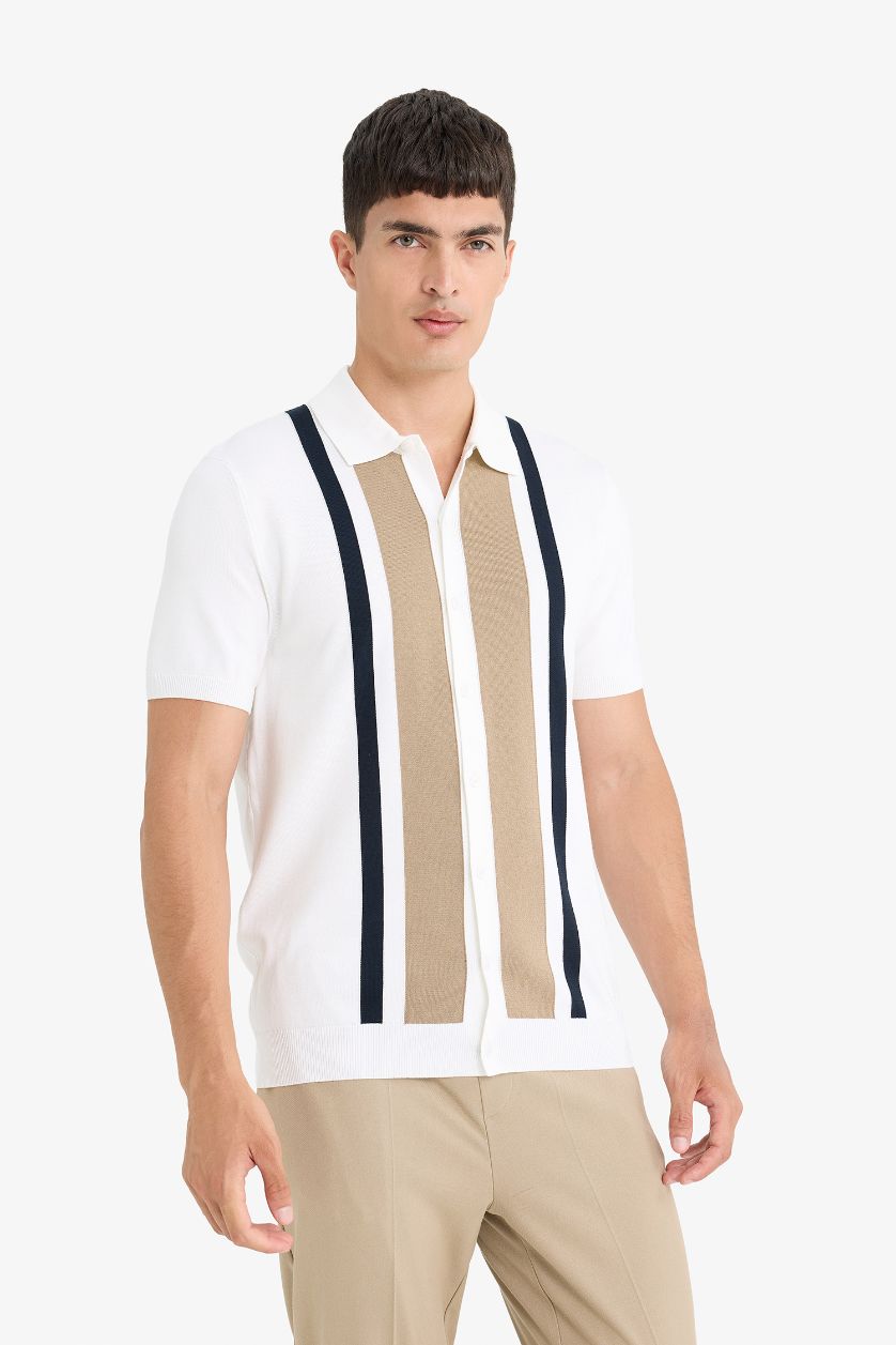 Erkek Ekru Standart Fit Polo Yaka Triko Kısa Kollu Tişört