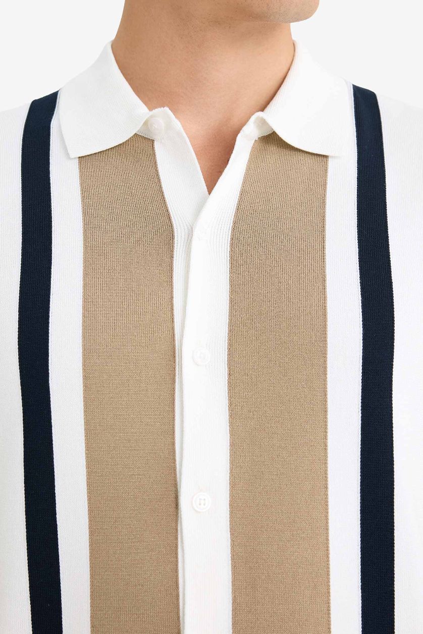 Erkek Ekru Standart Fit Polo Yaka Triko Kısa Kollu Tişört