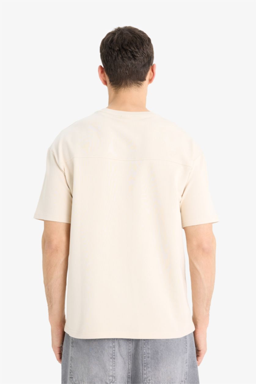 رجال اللون الحجري تيشيرت نص ردن خفيف أوفر سايز بياخة مستديرة