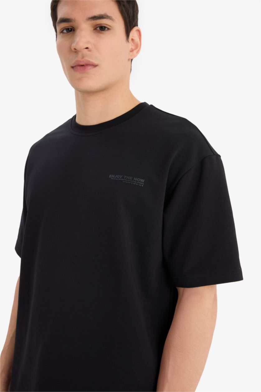 Erkek Siyah Boxy Fit Bisiklet Yaka Baskılı Kısa Kollu Tişört