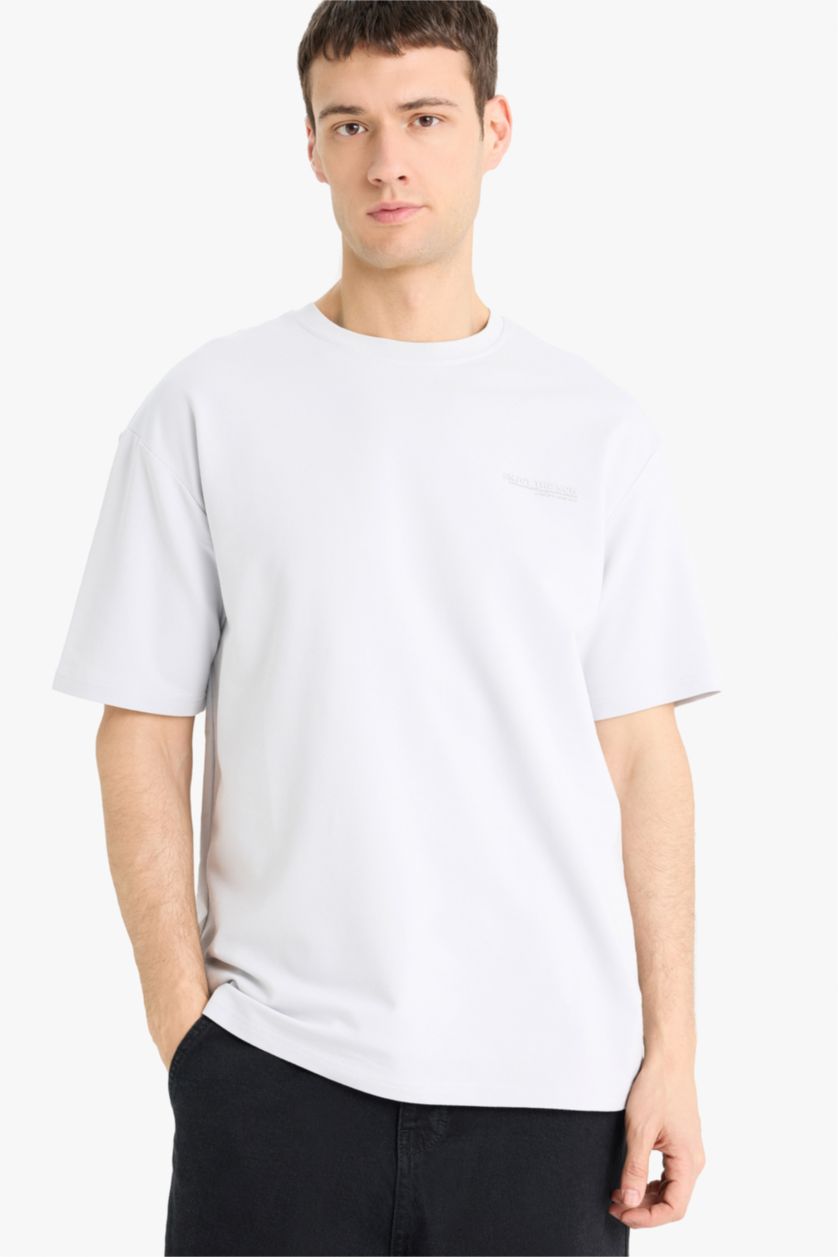 Erkek Açık Gri Boxy Fıt Sweatshirt Kumaşı Kısa Kollu Tişört