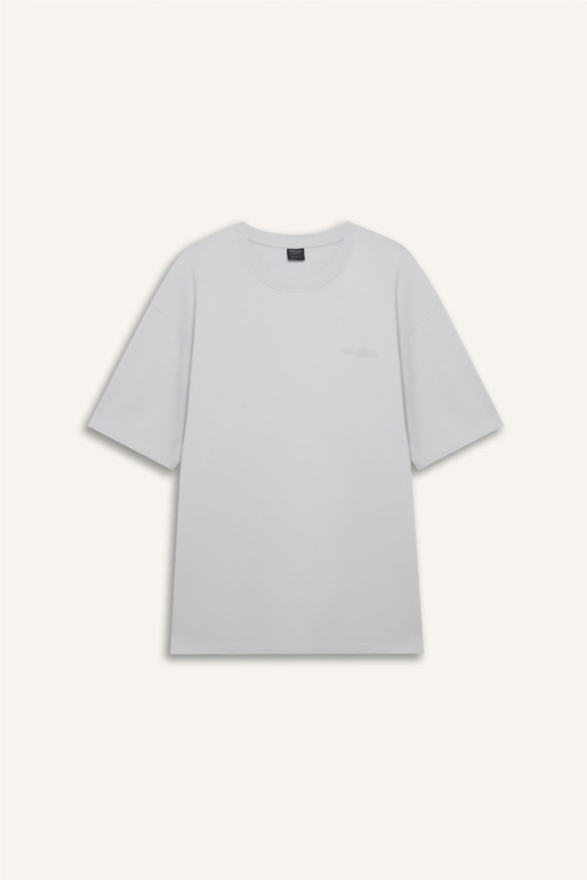 Erkek Açık Gri Boxy Fıt Sweatshirt Kumaşı Kısa Kollu Tişört