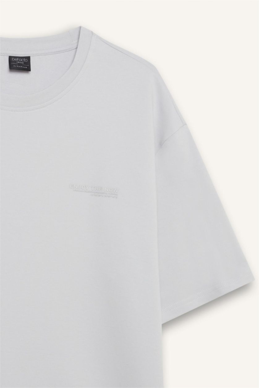 Erkek Açık Gri Boxy Fıt Sweatshirt Kumaşı Kısa Kollu Tişört