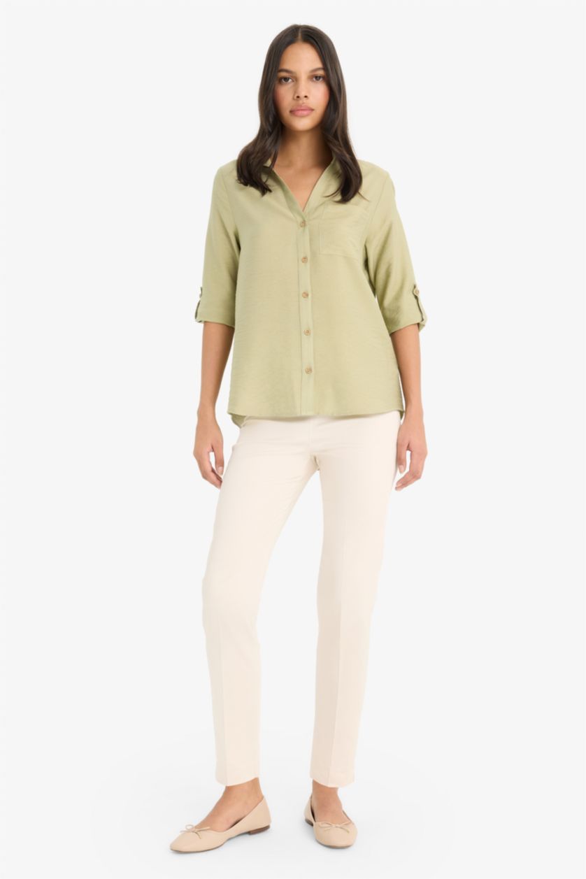 WOMAN Light Khaki Regular Fit Shirt Collar Long Sleeve Shirt