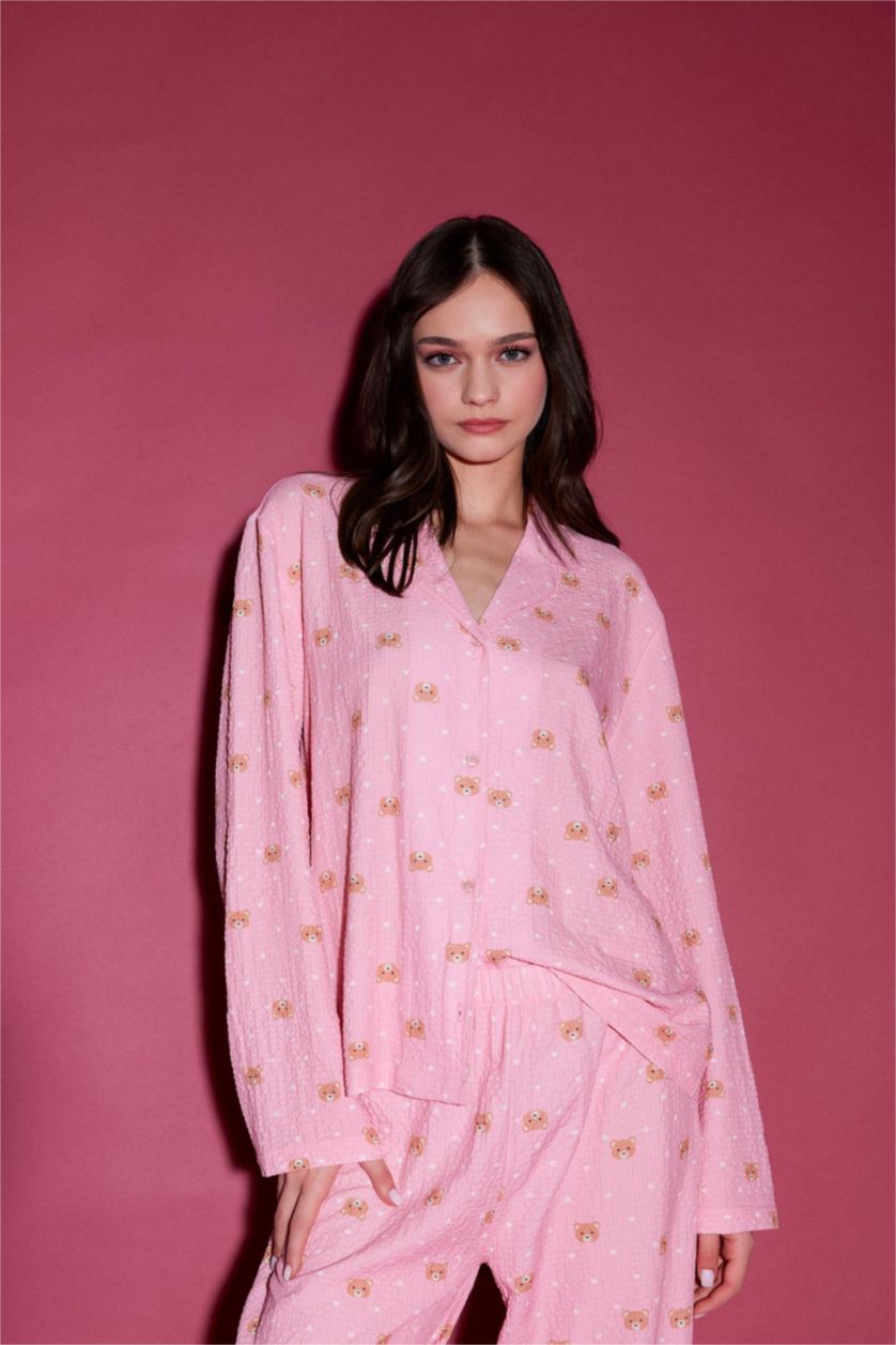 Kadın Açık Pembe Pijama Yaka Dokuma Pijama Üstü