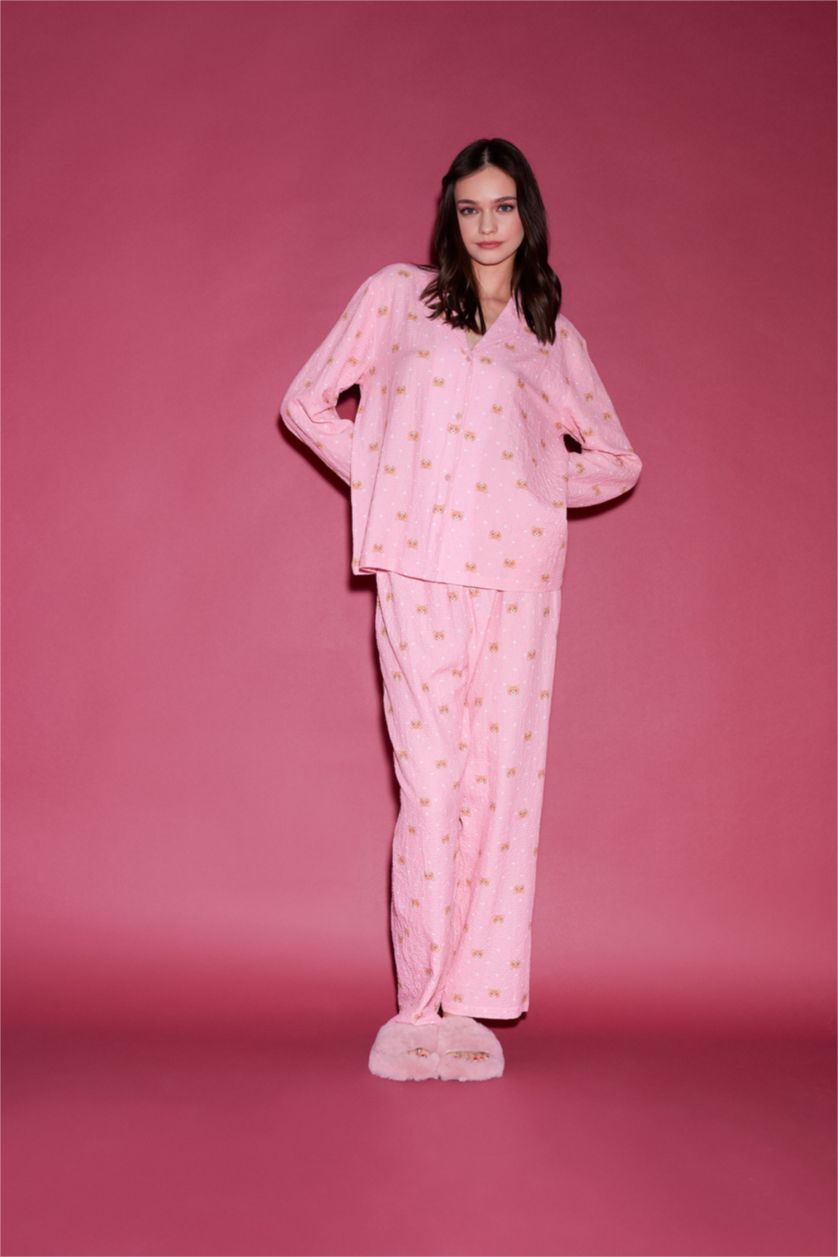 Kadın Açık Pembe Pijama Yaka Dokuma Pijama Üstü