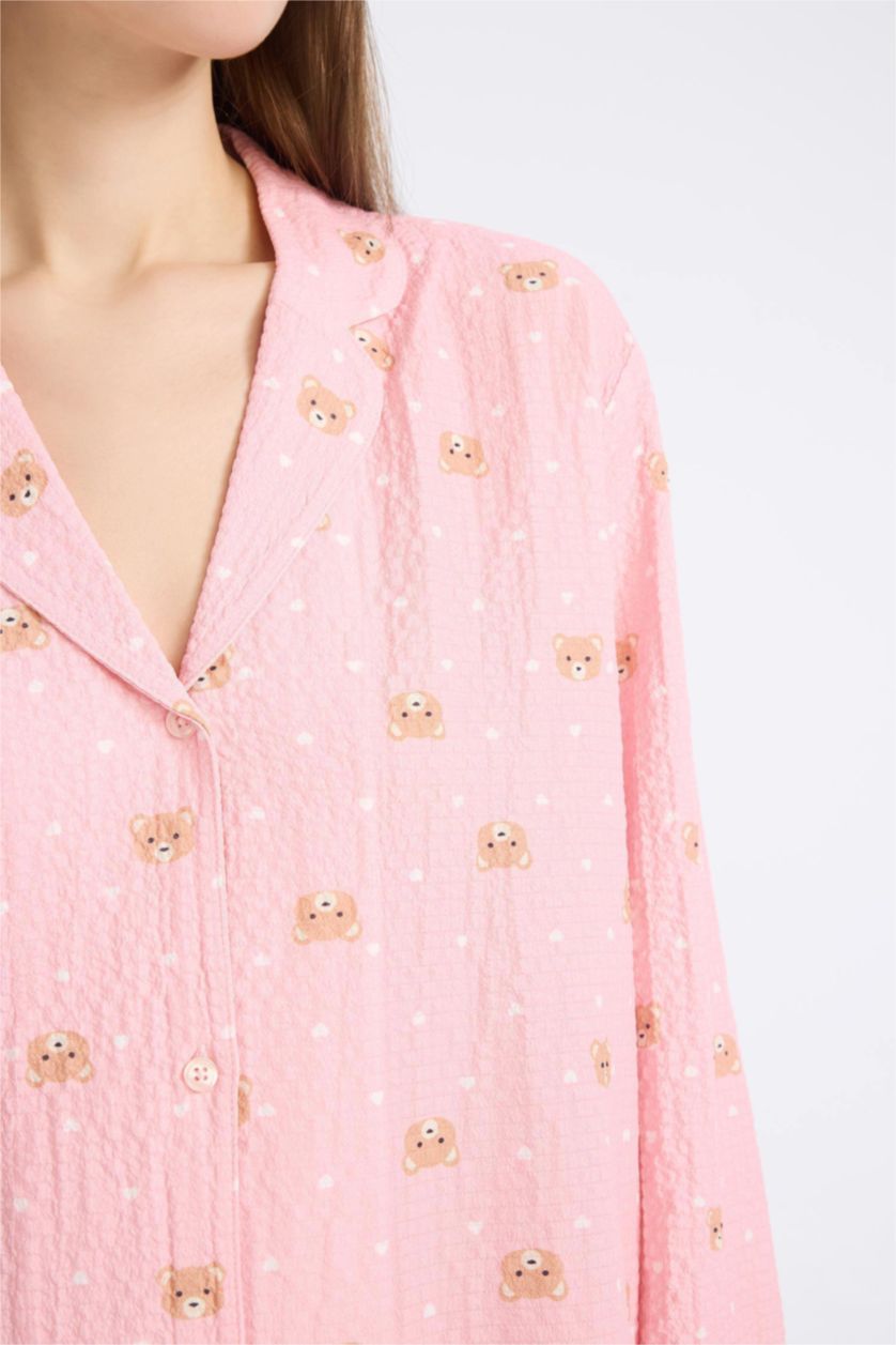 Kadın Açık Pembe Pijama Yaka Dokuma Pijama Üstü