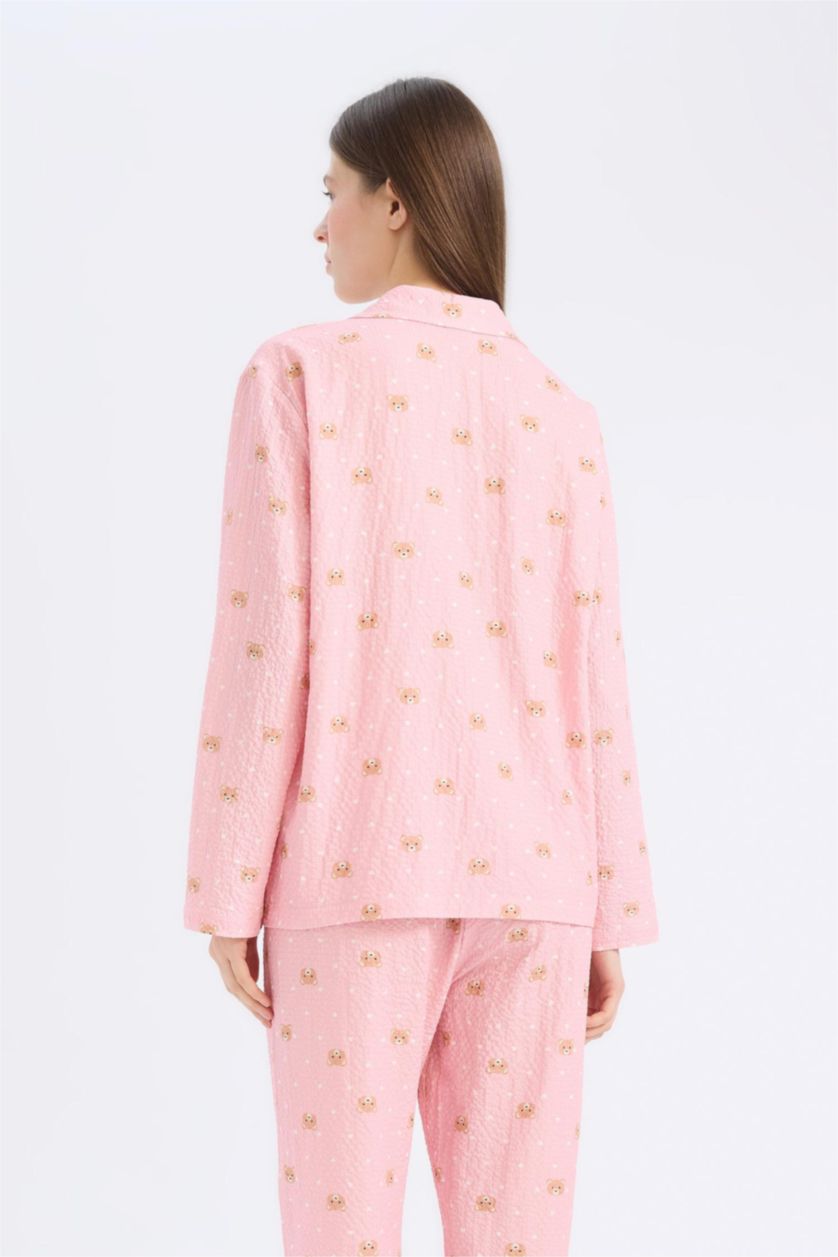 Kadın Açık Pembe Pijama Yaka Dokuma Pijama Üstü