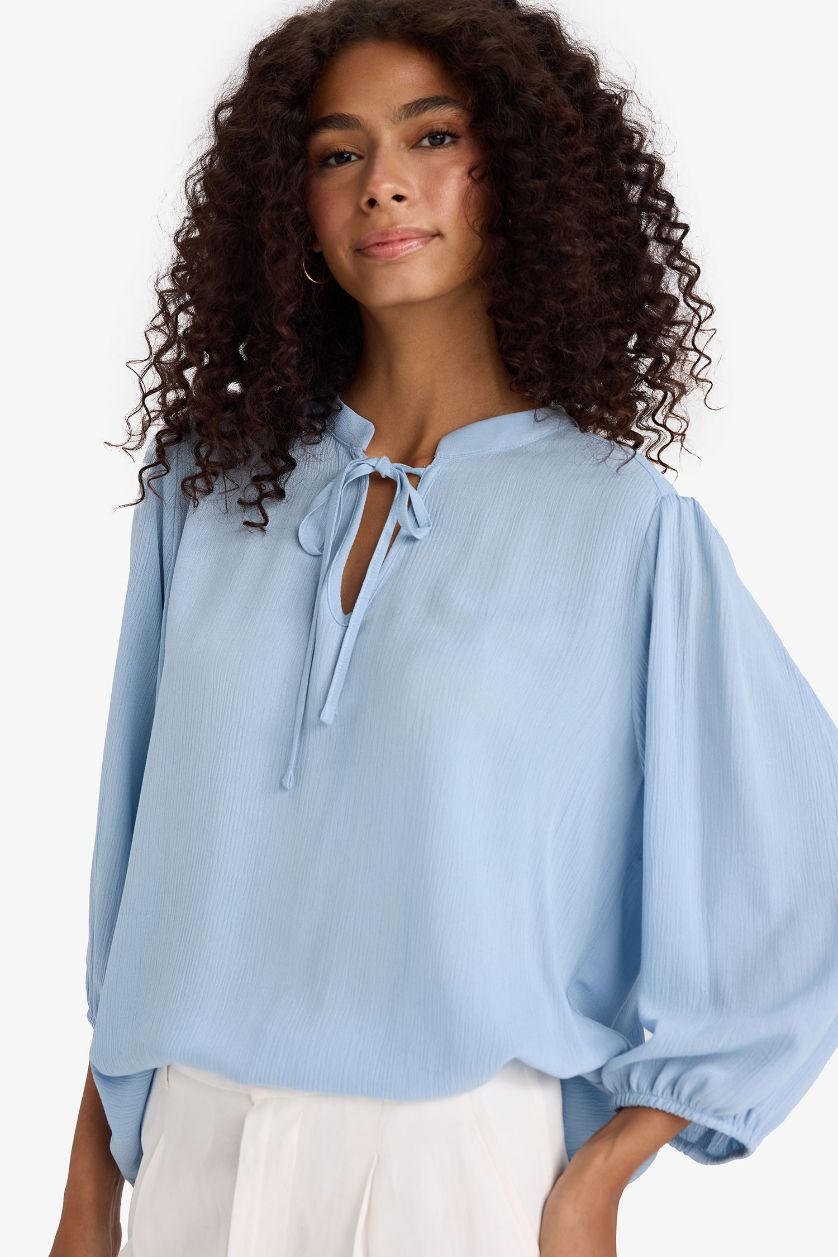 WOMAN Blue Regular Fit Crinkle Viscose Long Sleeve Blouse