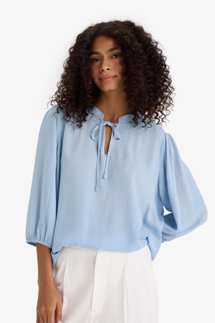 WOMAN Blue Regular Fit Crinkle Viscose Long Sleeve Blouse