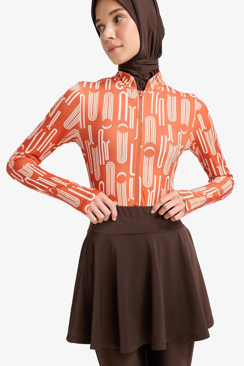 Kadın Koyu Bordo Regular Fit Baskılı Hızlı Kuruyan Su İtici 5'li Burkini Takım