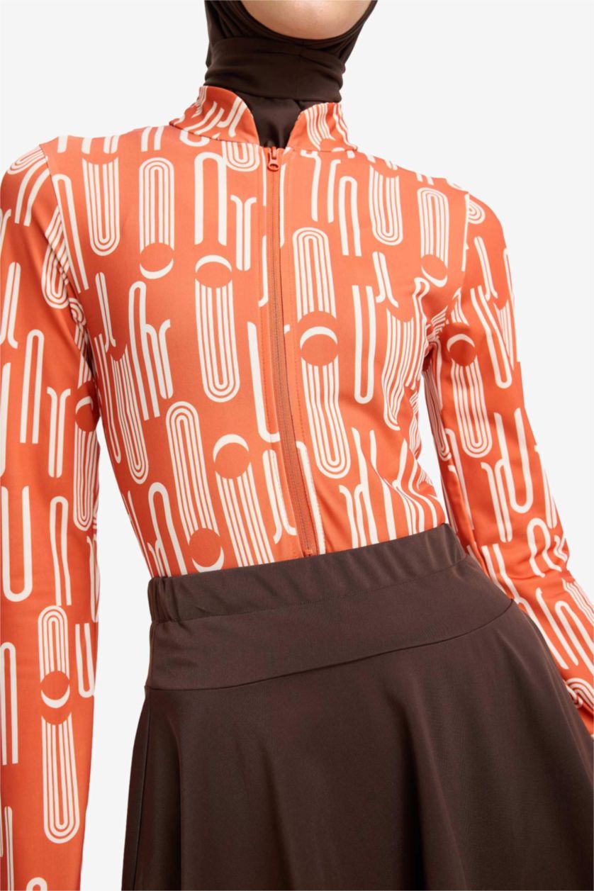 Kadın Koyu Bordo Regular Fit Baskılı Hızlı Kuruyan Su İtici 5'li Burkini Takım