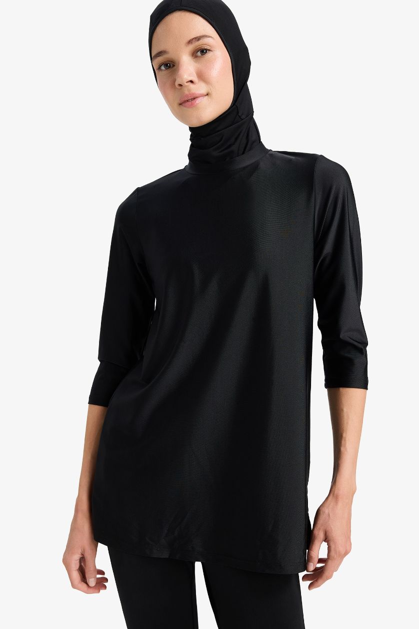 Kadın Siyah Regular Fit 4'lü Hızlı Kuruyan Burkini Tesettür Basic Düz Mayo Takım