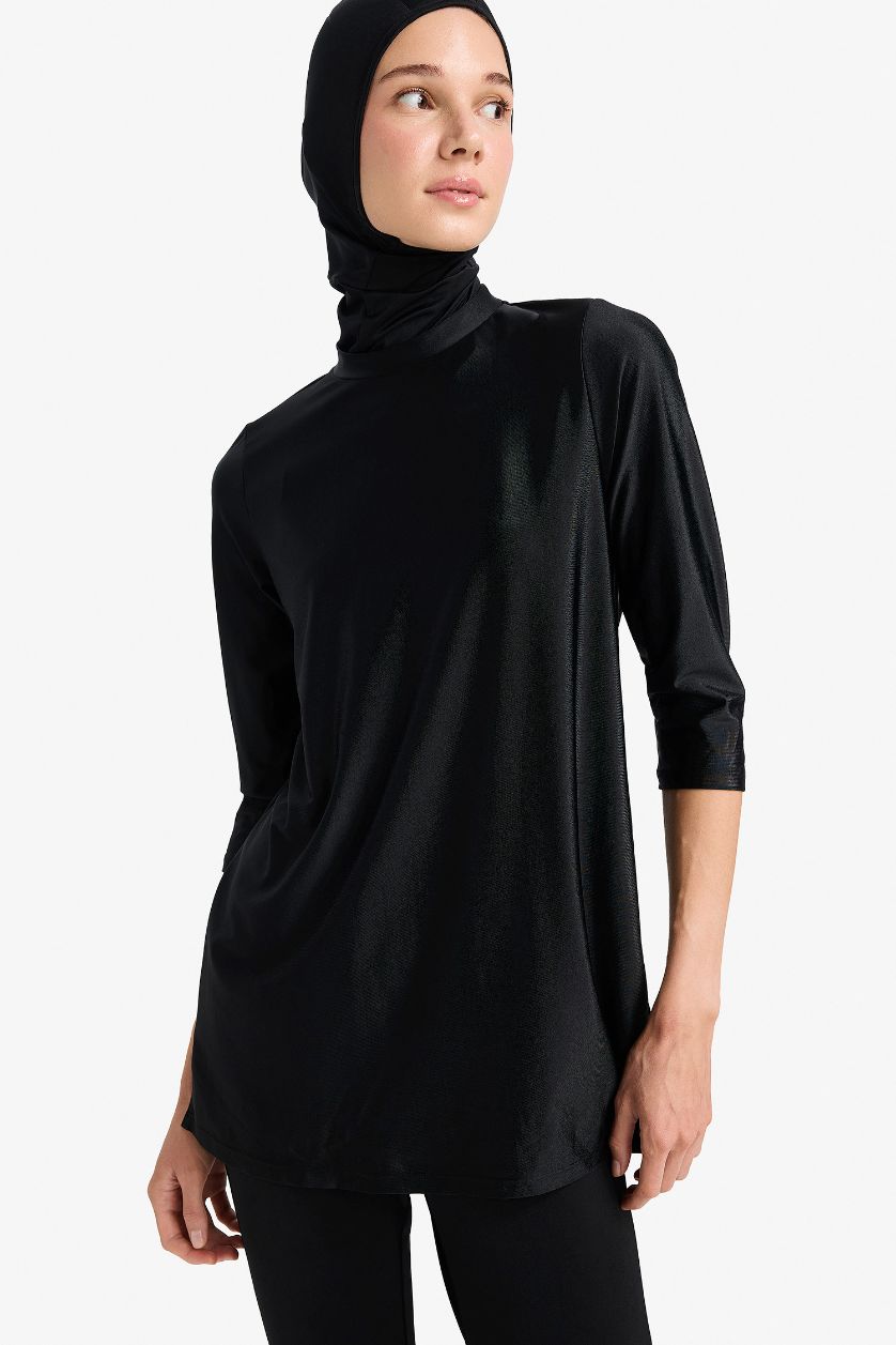 Kadın Siyah Regular Fit 4'lü Hızlı Kuruyan Burkini Tesettür Basic Düz Mayo Takım