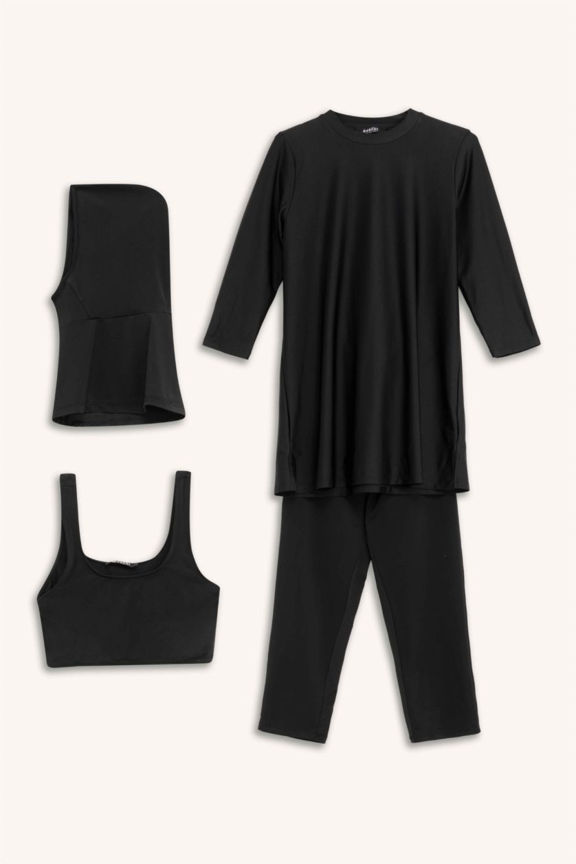 Kadın Siyah Regular Fit 4'lü Hızlı Kuruyan Burkini Tesettür Basic Düz Mayo Takım