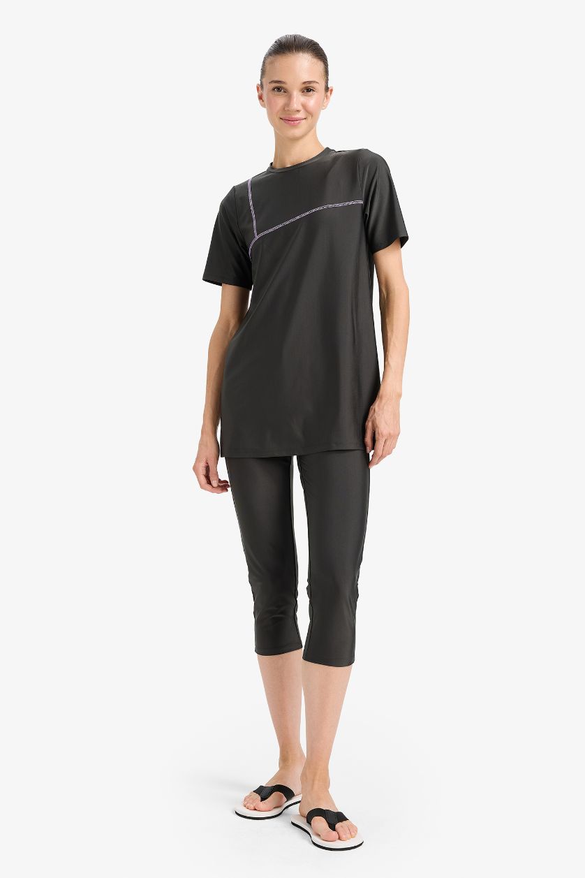 Kadın Antrasit Regular Fit 4'lü Hızlı Kuruyan Burkini Tesettür Basic Düz Mayo Takım