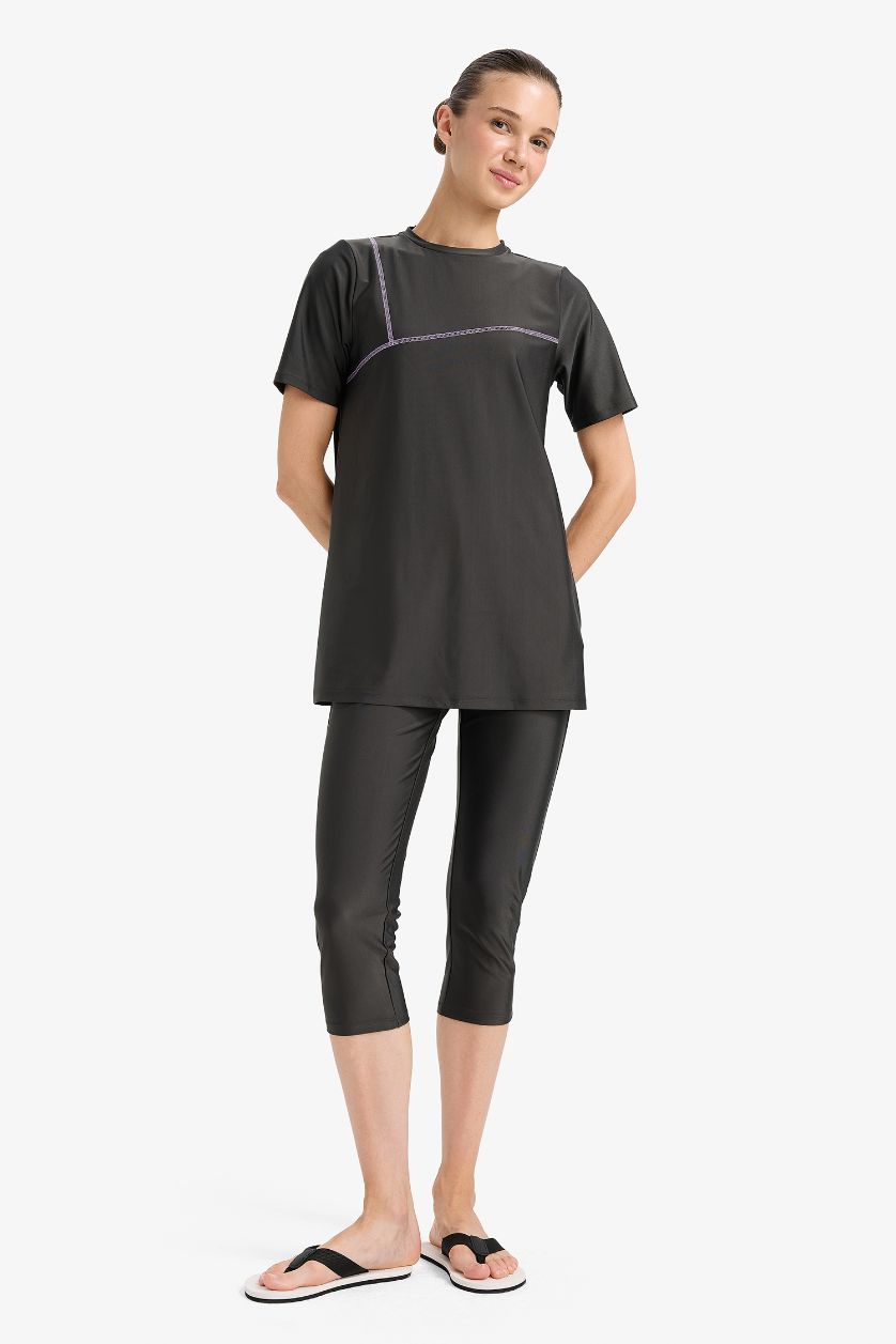 Kadın Antrasit Regular Fit 4'lü Hızlı Kuruyan Burkini Tesettür Basic Düz Mayo Takım