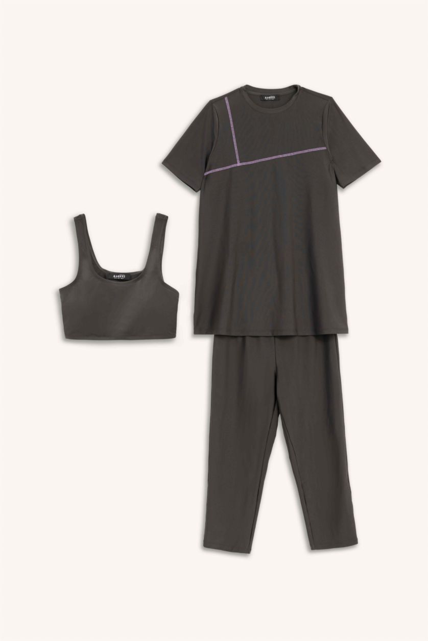 Kadın Antrasit Regular Fit 4'lü Hızlı Kuruyan Burkini Tesettür Basic Düz Mayo Takım