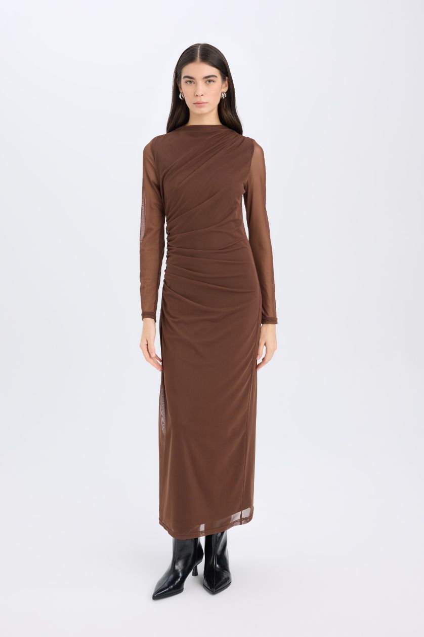 Woman Brown Bodycon Half Turtleneck Tulle Maxi Dress