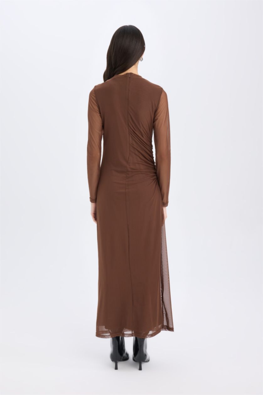 Woman Brown Bodycon Half Turtleneck Tulle Maxi Dress