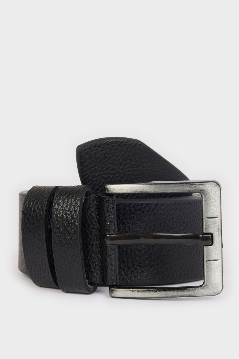 MAN Black Man Rectangle Clasp Faux Leather Denim Belt