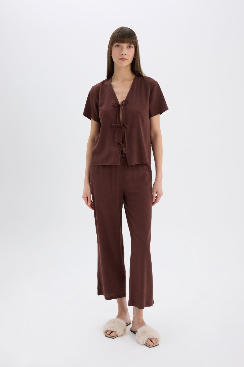 نساء بني سيت بجامة كتان قصة عادية نص ردن من Fall in Love - قطعتين