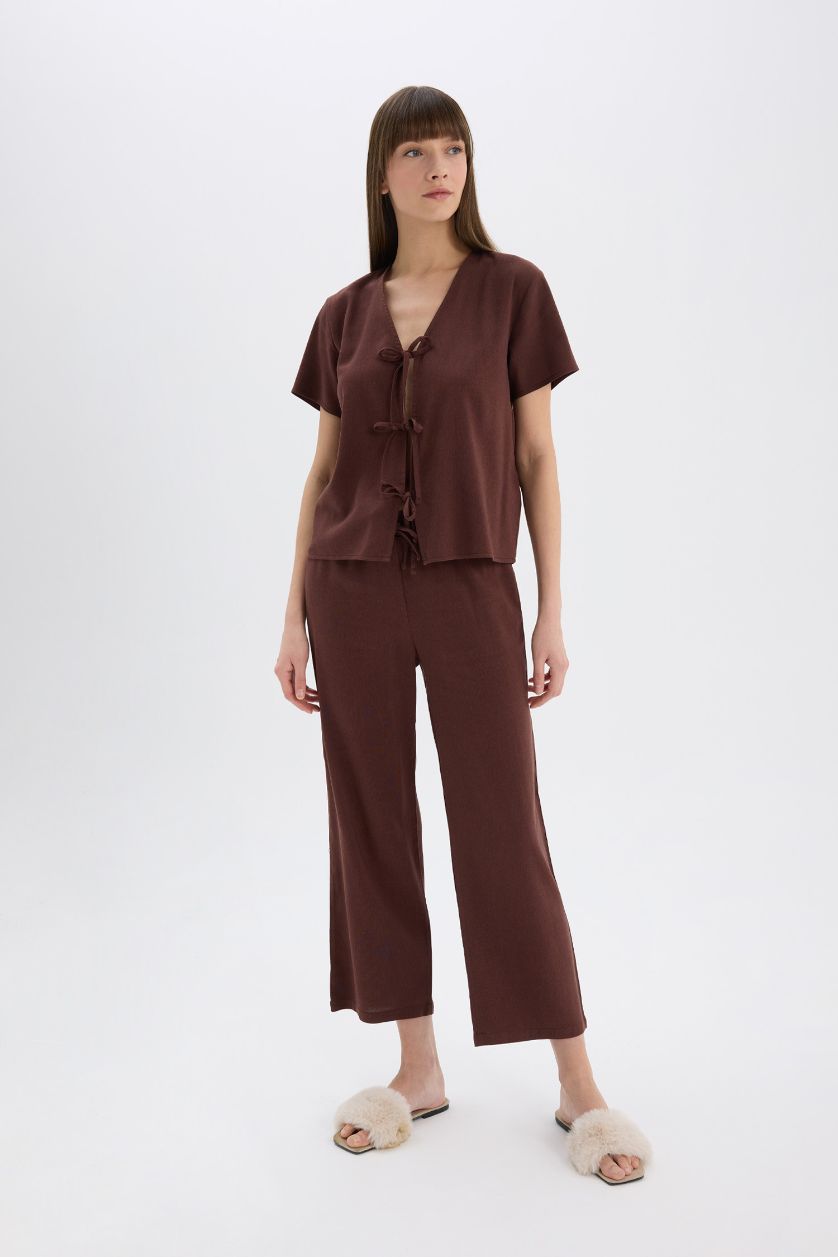 نساء بني سيت بجامة كتان قصة عادية نص ردن من Fall in Love - قطعتين