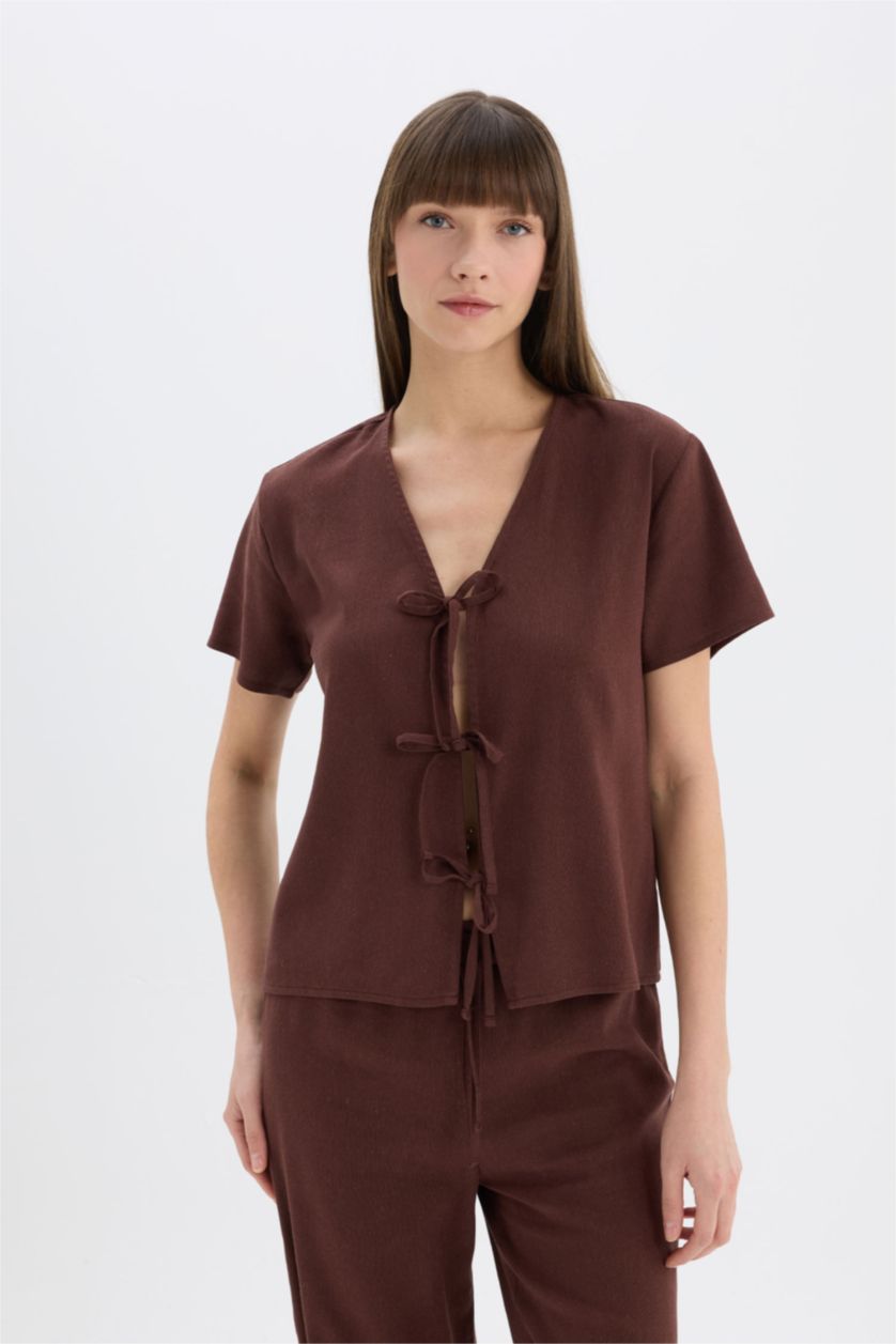 نساء بني سيت بجامة كتان قصة عادية نص ردن من Fall in Love - قطعتين