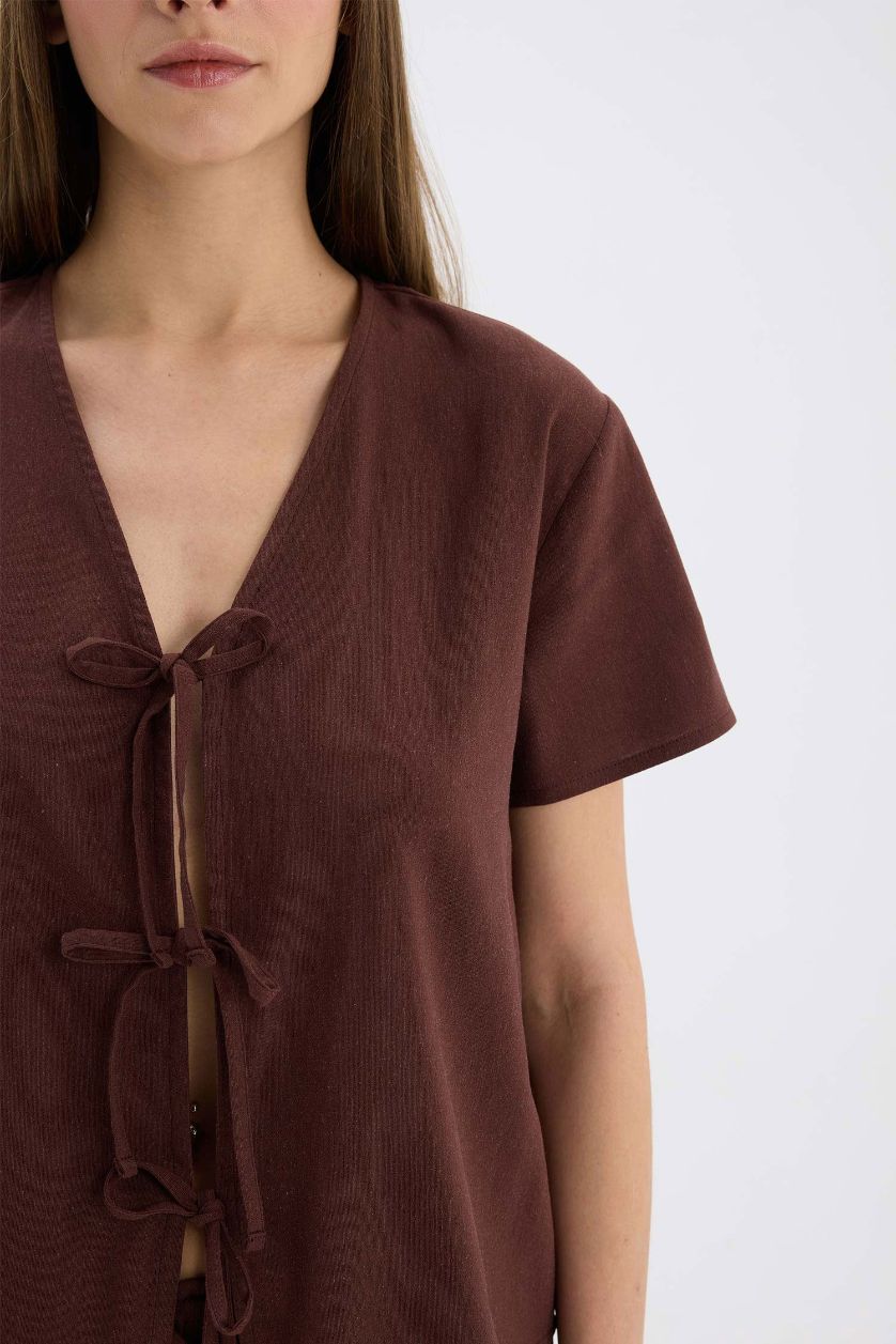 نساء بني سيت بجامة كتان قصة عادية نص ردن من Fall in Love - قطعتين