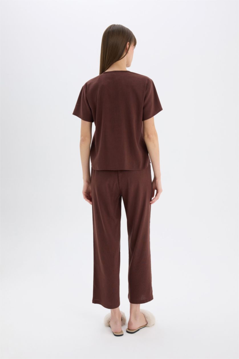 نساء بني سيت بجامة كتان قصة عادية نص ردن من Fall in Love - قطعتين