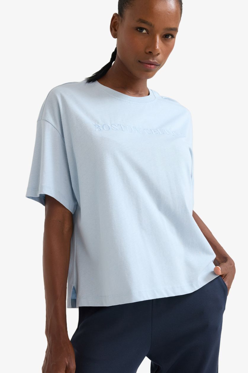 WOMAN DULL BLUE DeFactoFit NBA Boston Celtics Oversize Fit Crew Neck Embroidery T-Shirt