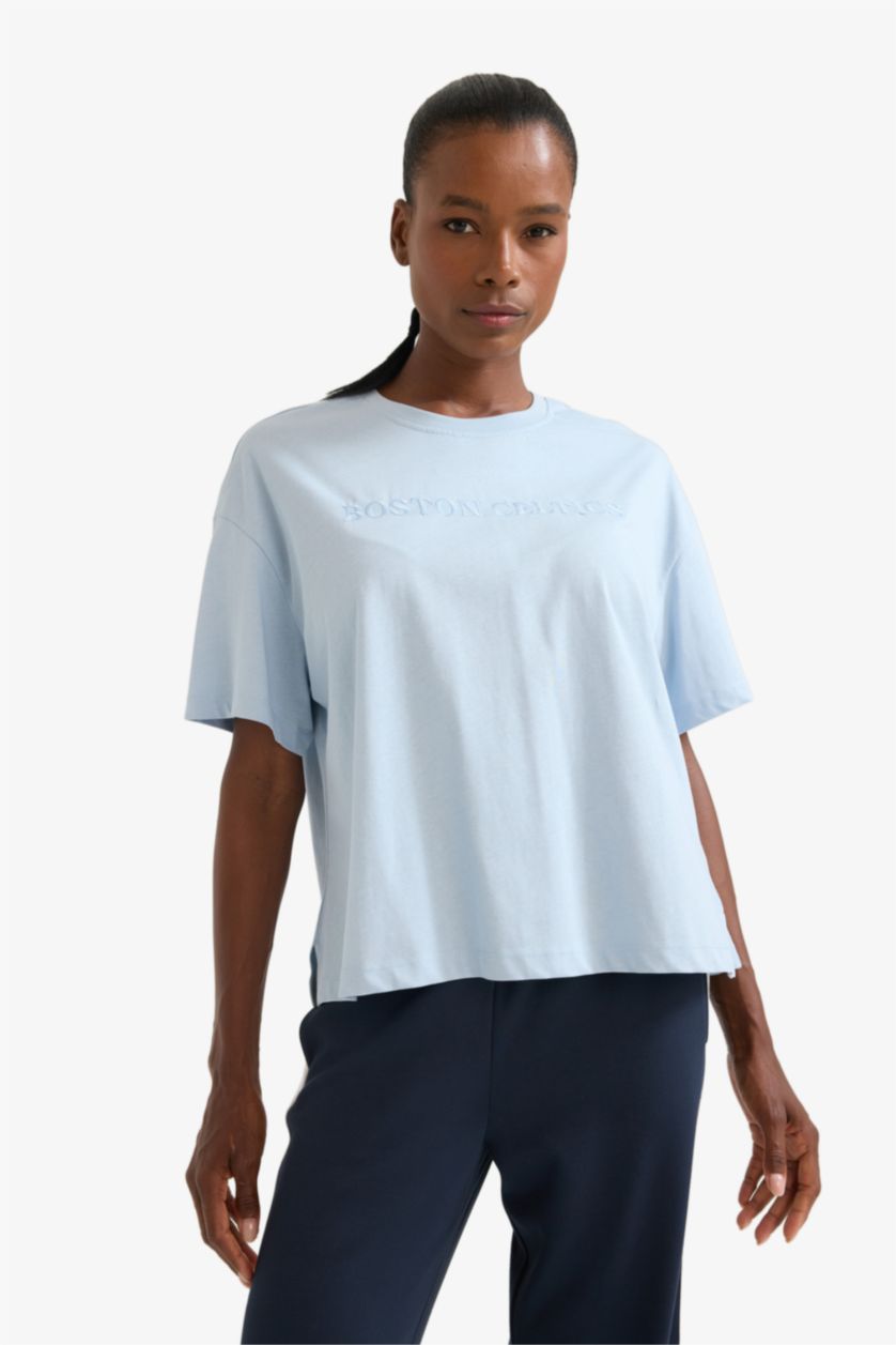 WOMAN DULL BLUE DeFactoFit NBA Boston Celtics Oversize Fit Crew Neck Embroidery T-Shirt