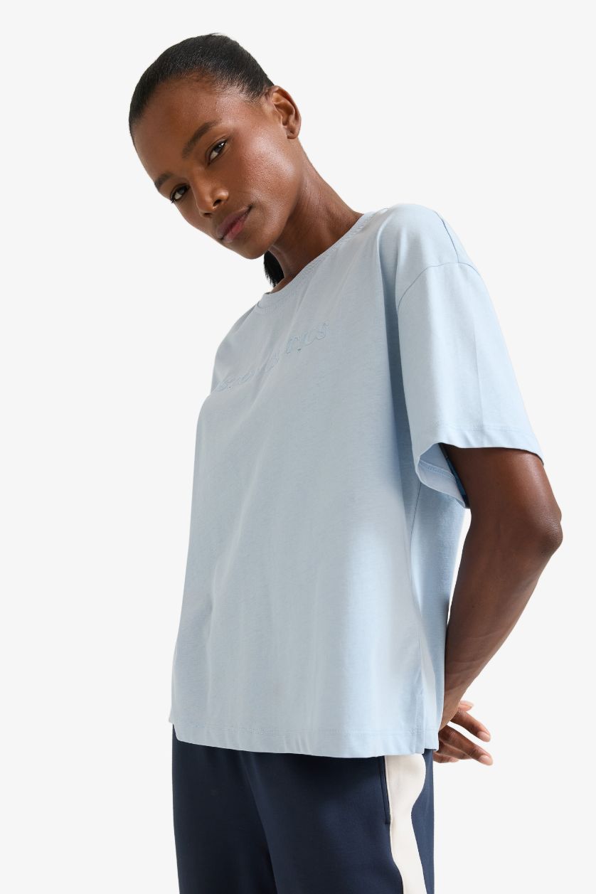 WOMAN DULL BLUE DeFactoFit NBA Boston Celtics Oversize Fit Crew Neck Embroidery T-Shirt