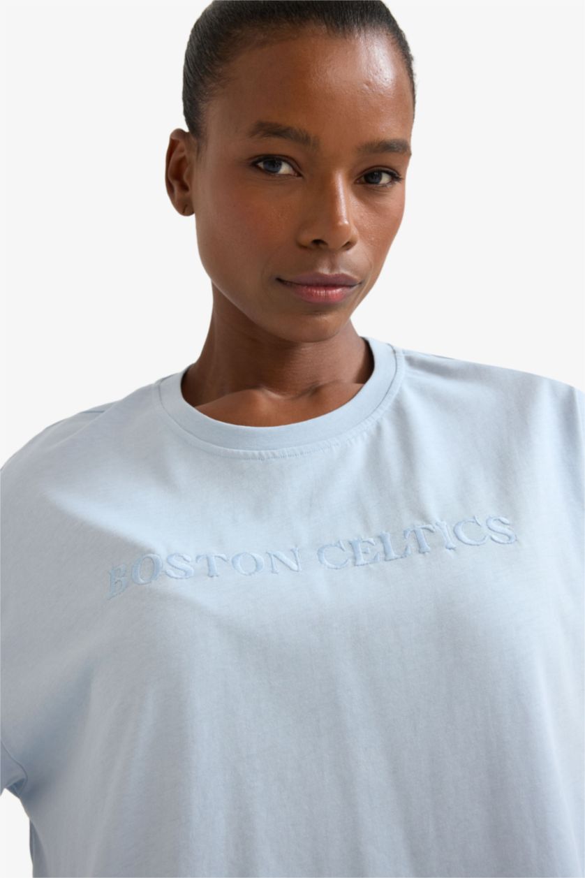 WOMAN DULL BLUE DeFactoFit NBA Boston Celtics Oversize Fit Crew Neck Embroidery T-Shirt