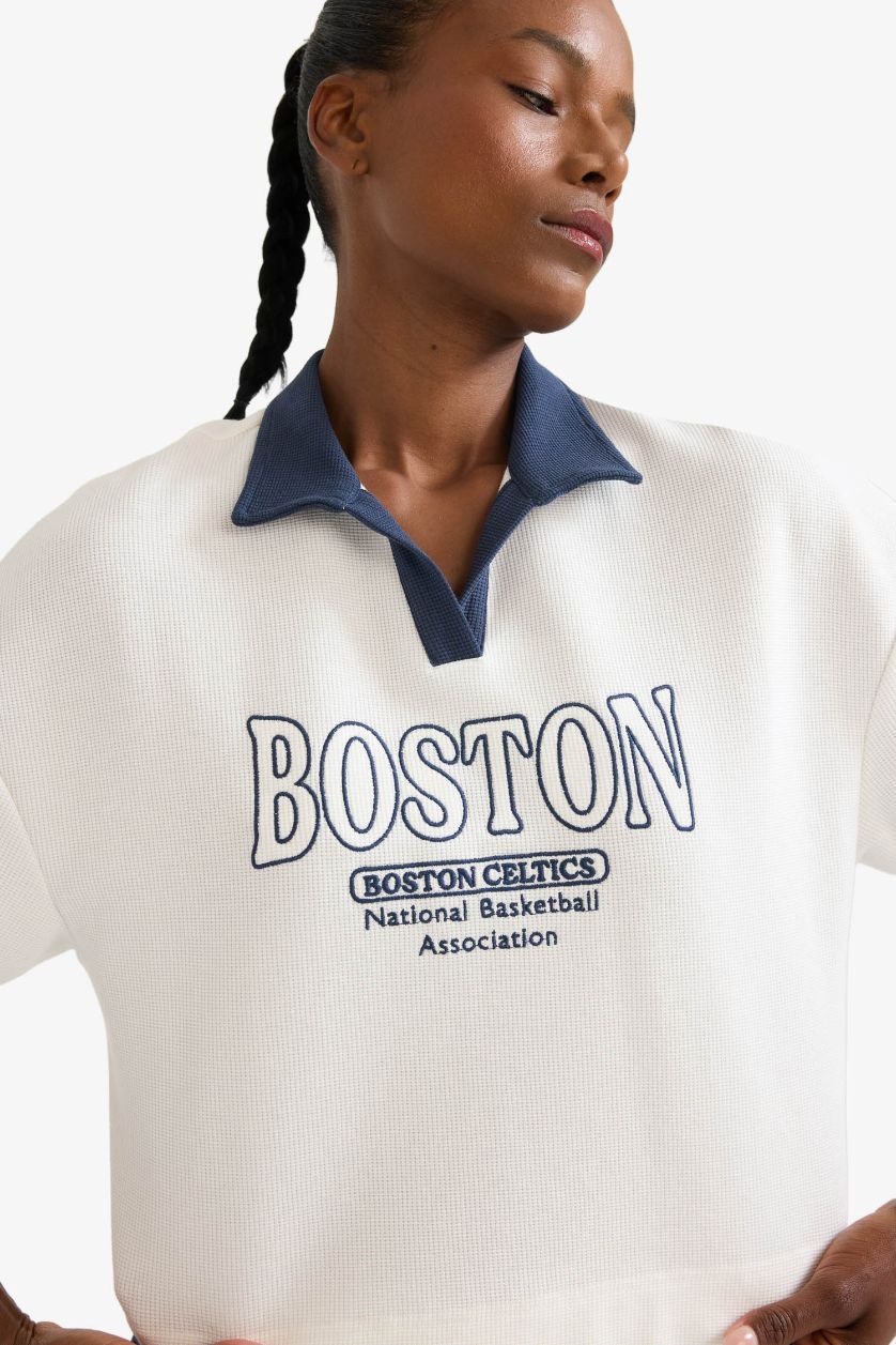 WOMAN Ecru DeFactoFit NBA Boston Celtics Waffle Polo T-Shirt