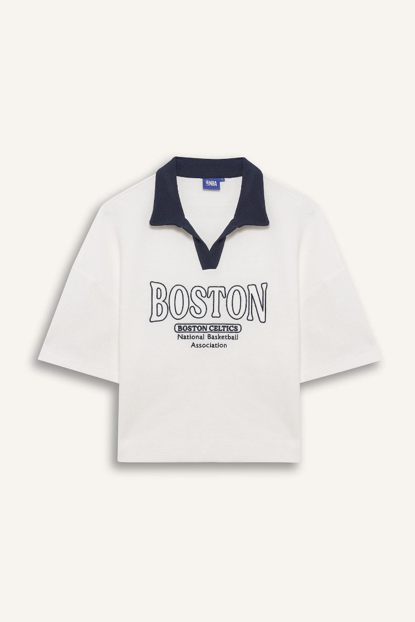 WOMAN Ecru DeFactoFit NBA Boston Celtics Waffle Polo T-Shirt